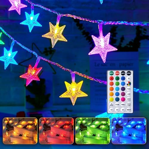 Minetom Star String Lights Battery Operated - 17 ft 50 LED Color Changing Star Fairy Light with Remote and Timer, 16 Single Colors and 7 Modes Starry Lights for Bedroom Dorm Christmas Halloween Decor