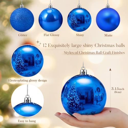 Jenaai 12 Pcs Blue Christmas Ball Ornaments 3.15Inch Plastic Hanging Bauble
