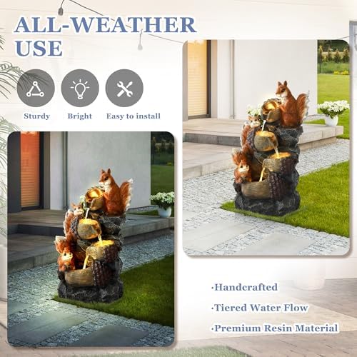 Grepatio Outdoor 4-Tiers Cascading Water Fountain, Waterfall Fountain with 4 LED Lights, Outdoor Fountains and Waterfalls for Garden or Patio, Yard, Deck, Decor with 3 Squirrel Look