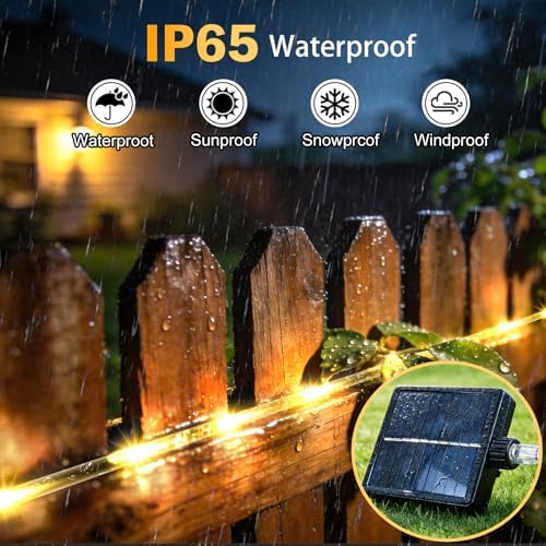 KNONEW Solar Rope Lights Outdoor 2 Packs Total 600LED 100FT Solar String Light Outside Waterproof with 8 Modes Clear Thin Tube for Pool Patio Garden Fence Camping Yard Deck Trampoline（Warm White）