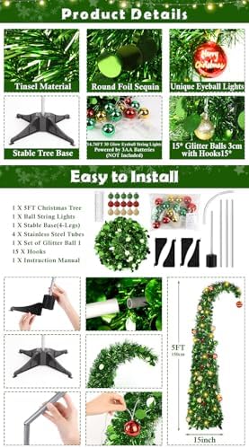 Whimsical Christmas Tree with Ball String Lights, 5FT Pop Up Curved Tree