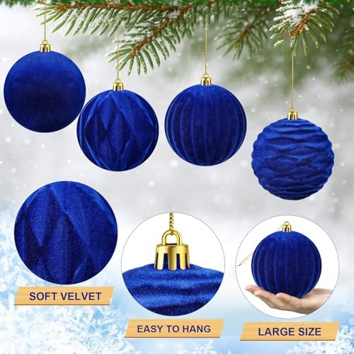 Liliful 4 Inch 12 Pcs Velvet Christmas Ornaments Balls, Blue
