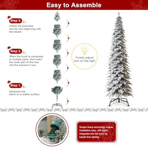 Glitzhome 15ft Prelit Christmas Tree, Artificial Christmas Tree with 1400 Warm White Lights, Flocked Pencil Tree Chicago Frostwood Spruce w/4335 PE&PVC Branch Tips and Sturdy Metal Stand, Simple Setup