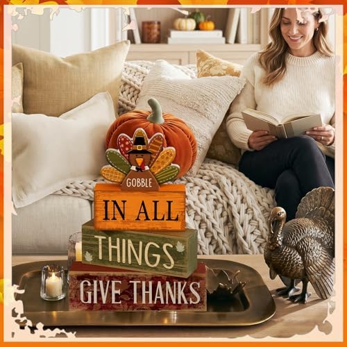 Moucuny 4 Pcs Thanksgiving Table Decoration Gobble Turkey Wooden Block Sign