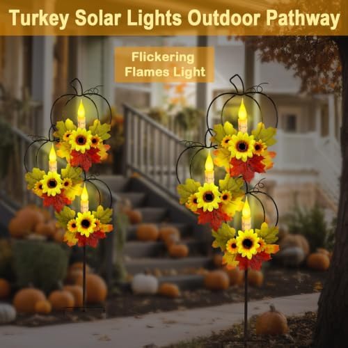 Thanksgiving Solar Lights Outdoor,Metal Trio Pumpkin LED Candles Yard Decor
