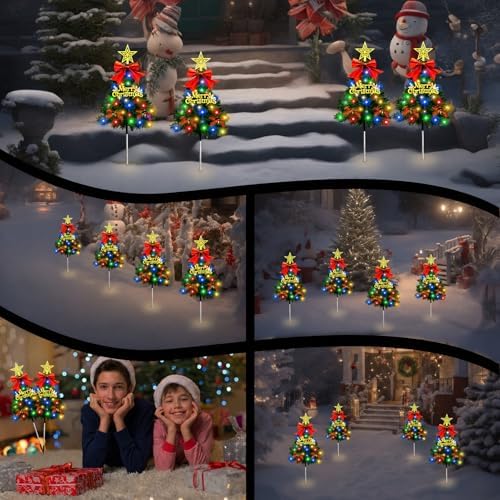 Christmas Tree Solar Pathway Lights Outdoor Decor, 4 Pack, Green