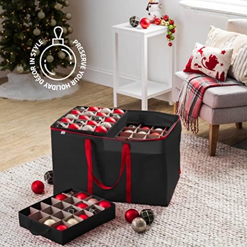 Premium Large Carrying Christmas Ornament storage Box with Clear Lid, 3" Compartment, Contains 10 Trays, Keeps 200 Holiday Ornaments & Xmas Accessories, Made Of Tear Proof Made Of 600D Oxford Fabric