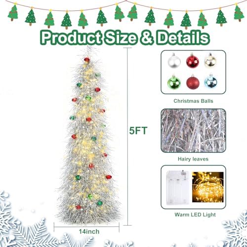 Christmas Tree 5FT Artificial Xmas Decor Pop Up with Decoration Silver