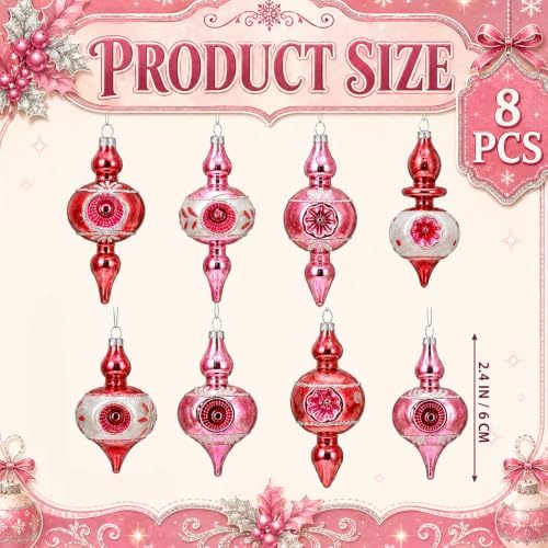 Soulchen 8 Pcs Vintage Glass Christmas Ornaments Pink Reflector for Tree