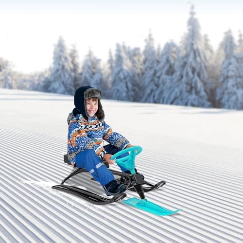 Snow Racer Sled, Ski Sled Slider Board with Steering Wheel, Adjustable Kart Style Design with Serrated Brakes and PU Seat for Kids Age 3-15 Years