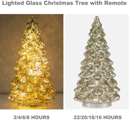 KI Store Lighted Glass Christmas Tree Figurine with Timer Set of 3 Mercury Glass Christmas Decoration Battery Operated for Centerpieces Window Tabletop Mantel