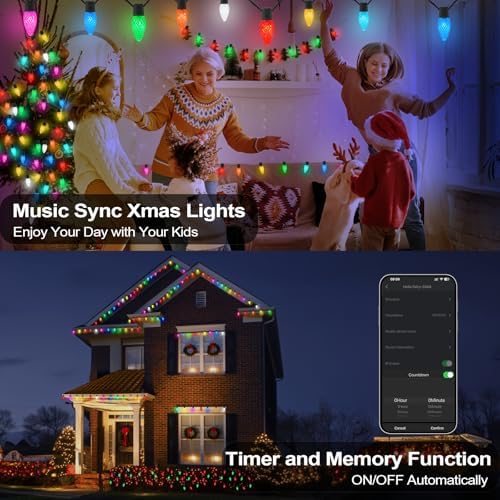 Gemce Smart C9 Christmas Outdoor Lights, 147FT 150 LEDs, APP Remote Controlled RGB String Lights, DIY Chasing Xmas Lights, Color Changing with Timer & Music Sync for Holiday Xmas Tree Decoration