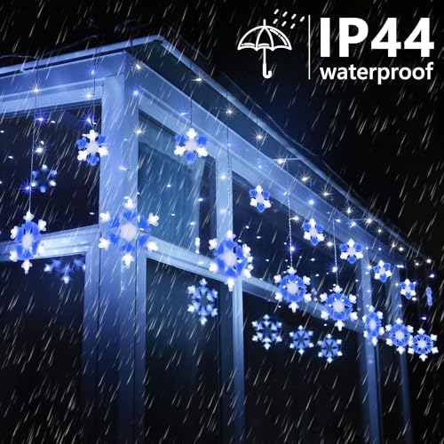 Christmas Snowflake Lights, 10.66ft 168 LED Icicle Lights Outdoor with 14 Drops, 8 Modes Waterproof Connectable Christmas Light for Eaves Wedding Garden Yard, Indoor Outdoor Xmas Decor (White & Blue)