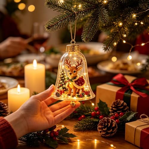 7PCS Glowing Christmas Ornaments - Mini Gold Light-Up Christmas Ball Ornaments - Christmas Tree Ornament with Warm LED Light for Tree Mantel, Holiday Scene Decoration & Gift