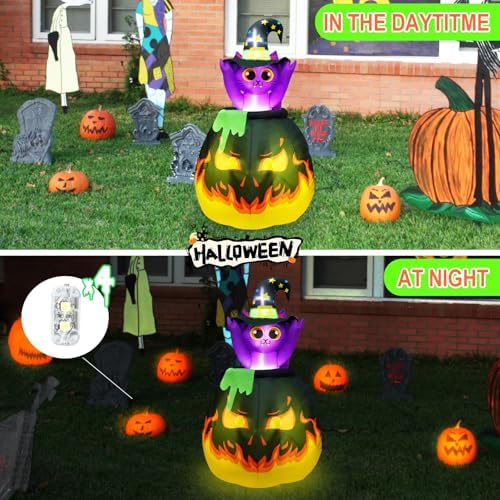 [Automatic Pop up and Down] 5FT Halloween Inflatables Witch Cat in Cauldron