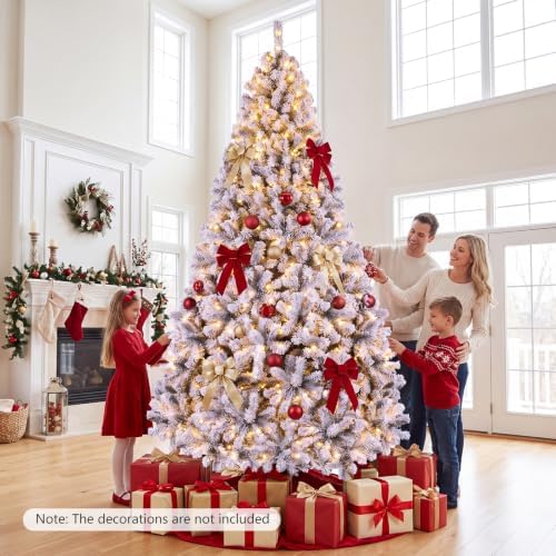 Happygrill 9FT Christmas Tree, Premium PVC Needles, 1498 Branch Tips, Pre-Lit Flocked Snow Hinged Pine Tree with Solid Metal Stand, 550 LED Lights, Ideal for Holiday Decoration, White