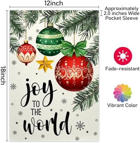 Christmas Garden Flag 12x18 Inch Joy To The World Winter Outdoor Yard Flag Double Sided Small Burlap Family Xmas Balls Holiday Yard Outside Decorative Flag (Beige)