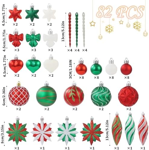 82Pcs Red and Green Christmas Tree Ornaments Set, Shatterproof Christmas Decorations for Tree Assorted Plastic Craft Baubles Snowflake Ball Ornaments for Holiday Party Decor (Red&Green&White)