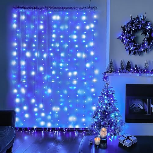 JMEXSUSS 300LED Christmas Curtain Lights Plug in, Blue and White, 9.8x9.8ft