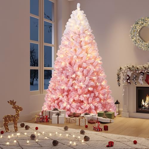 GarveeHome 6 ft Prelit Artificial Christmas Tree with 250 RGB & Warm White Lights, Pre-Lit Snow Flocked Christmas Tree, Foldable Base,Holiday Decoration for Home, Office, Party,Pink Gradient