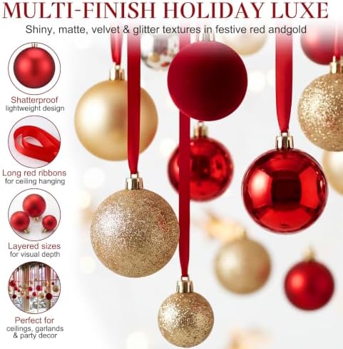 Halloscume 78 Pcs Christmas Ball Ornaments Ceiling Hanging Decor, Gold Red