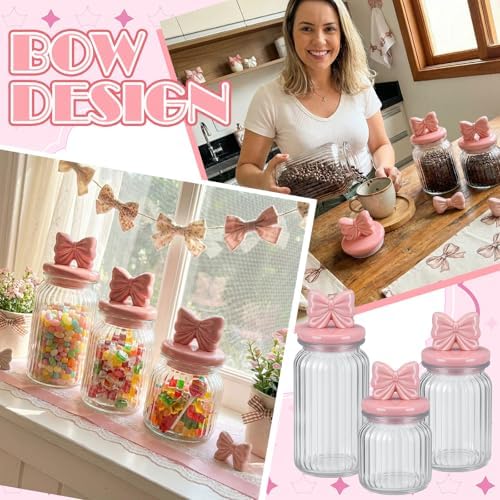 Mimorou 3 Set Pink Bow Candy Glass Jars with Ceramic Lids 44oz 33oz 22oz Summer Bow Cookie Jars Airtight Glass Food Storage Containers for Spring Summer Party Tea Cookie Snacks Sugar
