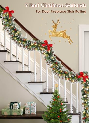 Christmas Garland with Lights, 9Ft Prelit Garland, 8 Light Modes & Timer