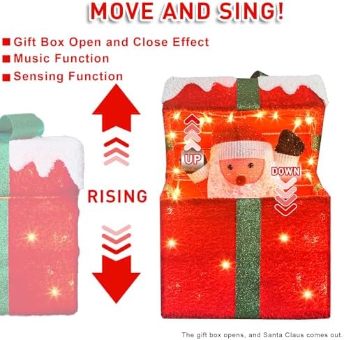 PEIDUO Animated Christmas Santa in Lighted Gift Box, Motion Sensor Christmas Music Decorative Lights, Under The Christmas Tree Present Decorations for Indoor Outdoor Yard Home Holiday Decor