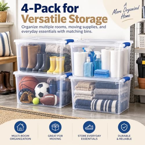 Storage Bin 66 Qt 4-Pack, Clear Latching Plastic Tote Blue