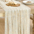 Artoid Mode Beige Gold Gauze Table Runner 59x120 Inch 10FT, Glitter Metallic Foil Sheer Dining Wedding Anniversary Holiday Birthday Table Decor for Home Party