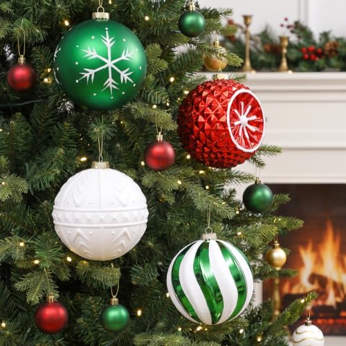 SHareconn 4ct 6 Inch Large Christmas Tree Balls Ornaments, Red&Green White
