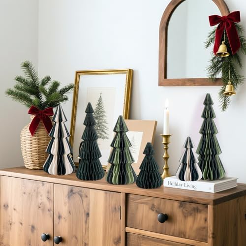 SUNBEAUTY 6PCS Honeycomb Christmas Trees Vintage Paper Christmas Tree Decor 3D Honeycomb Trees Table Centerpiece for Xmas New Year Holiday Party Home Decor (Green, White)