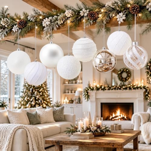 Lyrow 8 Pcs 6'' Large Christmas Ball Ornaments White Silver Xmas Ornaments