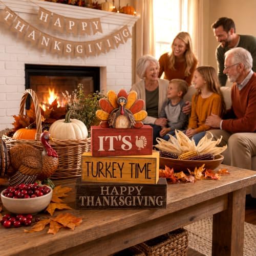 Lineshading 4 Pcs Thanksgiving Table Decor Decor, Turkey Time Block Signs
