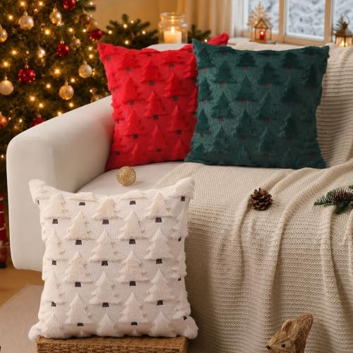 Allorry Christmas Pillow Covers 22x22 inch Set of 2 Christmas Decorations Soft Plush Faux Fur Wool Green Christmas Tree Throw Pillow Cases Winter Holiday Decor for Sofa Living Room PT002A22