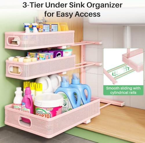 Kitstorack Under Sink Organizer, 1-Pack 3-Tier Height Adjustable Thickened Metal Pull out Cabinet Organizer Shelf, Slide out Storage Drawer Rack for Bathroom Kitchen Pantry Home Organization, Pink