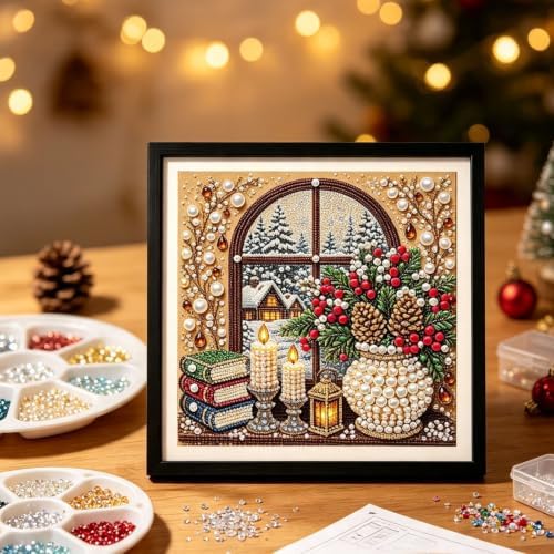 DIY Christmas Pearl Diamond Painting Art Kit Gifts Adults with Frame