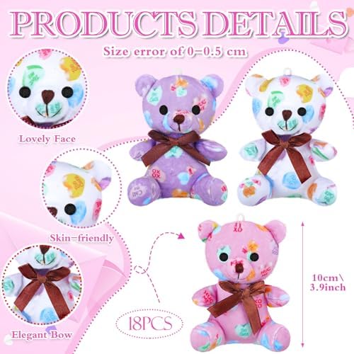 Haull 18 Pcs Valentine Conversation Hearts Stuffed Animals Bears Plush Bears Bulk for Kids Gifts 4" Mini Soft Stuffed Animals Small Cute Plushies Toys for Party Favors Supplies Decoration