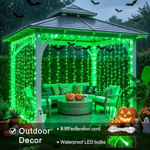 JMEXSUSS 300 LED Green Curtain Lights for Halloween Decor, 9.8x9.8ft
