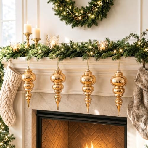 Soulchen 4 Pcs 12" Large Christmas Finial Drop Ornaments, Shiny, Gold
