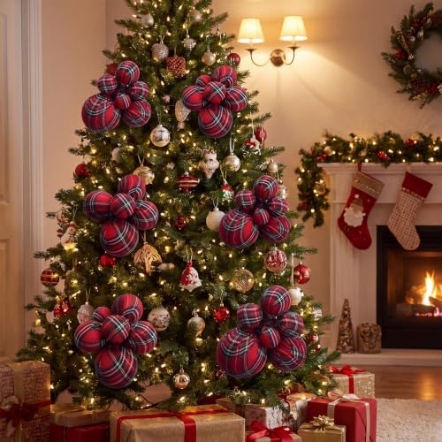 6 Pack Red Tartan Plaid Christmas Ball Ornaments Decorations