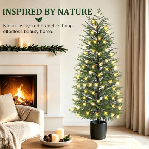 ENVEN 5FT Prelit Norfolk Pine Christmas Tree Real Touch Artificial Cedar Tree with 80LED Lights & 8-Function Plug-in Potted Faux Trees for Front Porch, Entryway, Patio, Christmas Indoor Outdoor Decor