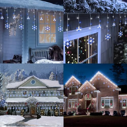 Christmas Snowflake Lights Outdoor, 17.22ft 264 LED Snowflake Icicle Lights with 22 Drops, 8 Modes connectable Christmas Light Waterproof for Eaves, Garden, Indoor & Outdoor Xmas Decor (White & Blue)