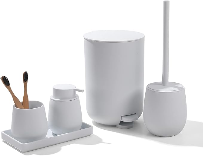 GAHEFY White Bathroom Accessories Set with Small Trash Can 3 Liter/0.8 Gallon,Toothbrush Holder,Soap Dispenser,Vanity Tray,Toilet Brush and Holder White 5PCS