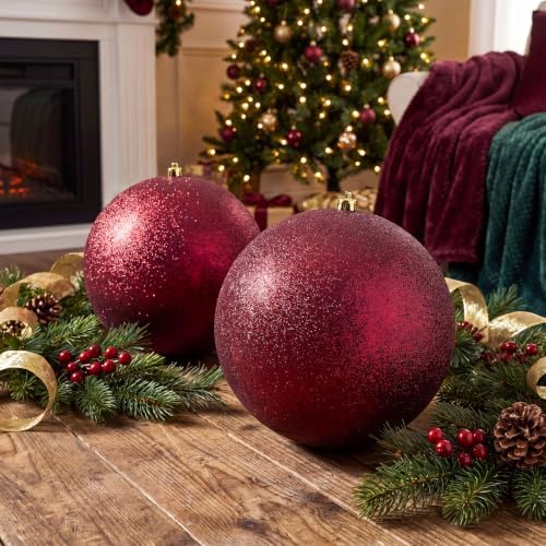 Threan 10 Inch Burgundy Glitter Large Christmas Ball Ornament