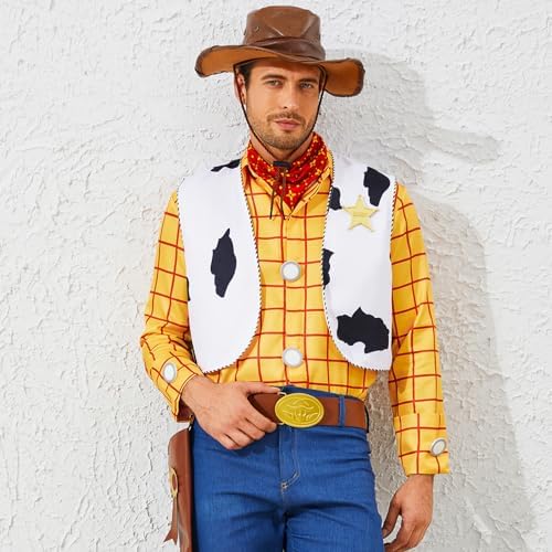 Cowboy Sheriff Costume Men's Plaid Button Down Shirt with Vest Bandana Star Badge Halloween Sheriff Cosplay Outfits