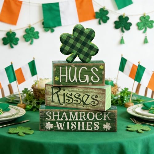 Lineshading 4 Pcs Shamrock Wooden Block Signs for Tiered Tray Home Decor