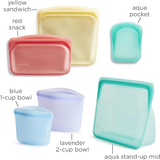 Stasher Premium Reusable Silicone Food Storage Bags, 6-Pack, Multicolor | Food-Safe Silicone, BPA-Free, Leak-Free, Eco-Friendly, Dishwasher, Lunch Bag, Travel Containers, Meal Prep, Lunch, Travel