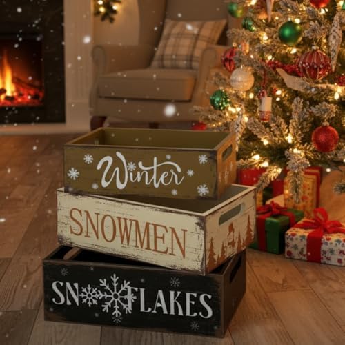 3 Pcs Christmas Wooden Crate Beige Snowman Snowflakes Holiday Box