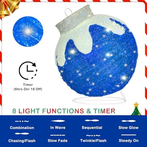 Outdoor Christmas Ornaments, Lighted Pop-Up Holiday Ball Decoration with 80 LED Lights, 8 Light Functions, Lighted Collapsible Christmas Outdoor Decorations for Yard, Patio, Home